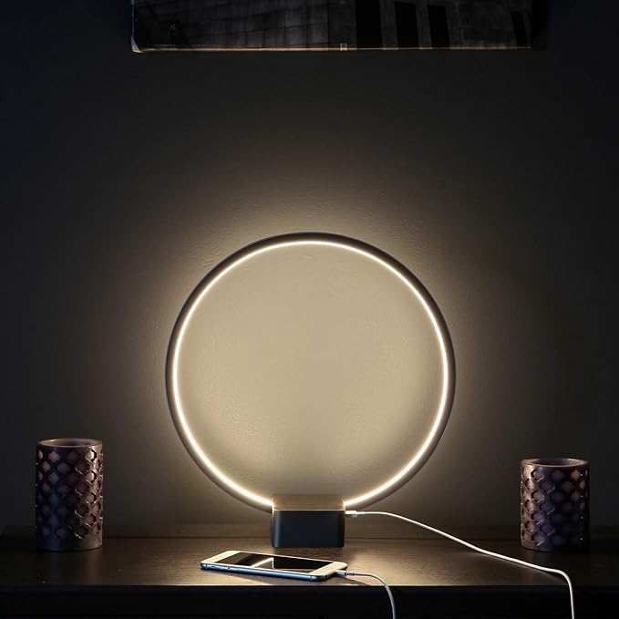 Brightech Circle LED Nightstand Lamp with USB Port – Compact Bed Stand Lamp for Bedroom, Living Room - Modern Asian Table & Desk Lamp on Side & End Tables - Jet Black