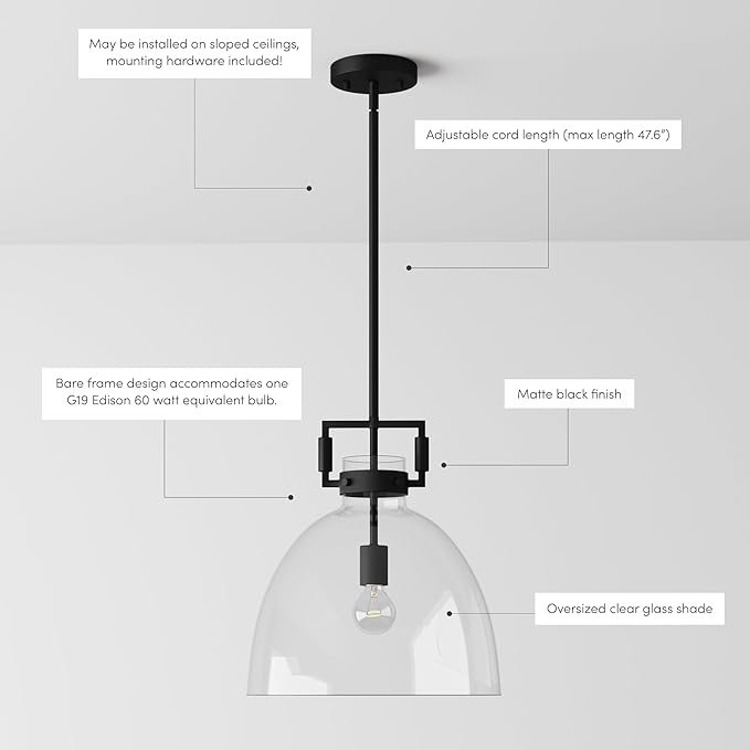 Nathan James Leigh Pendant Lighting, Black Hanging Ceiling Light with Oversized Glass Shade and Adjustable Cord, for Kitchen Island or Entryway, Matte Black/Clear, Set of 2