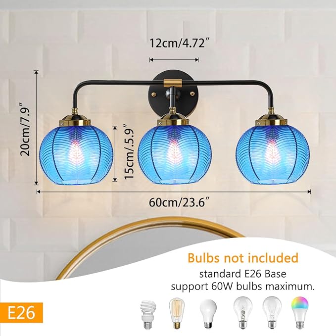 Vanity Lights for Bathroom,Mid Century Vanity Light Black Sconce Blue Bathroom Light Fixture Over Mirror Ribbed Glass Globe Shade Art Deco Vanity Lights Modern Wall Sconce 3-Lights