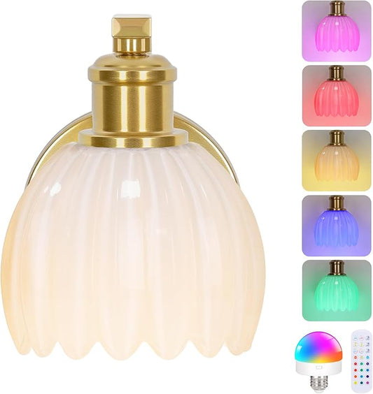 VerRon Rechargeable Battery Operated Wall Sconce with Milky White Glass Lampshade, Wireless Wall Scone Decor with Remote Control, 15 Colors Gold Wall Light for Bedside Hallway Bedroom Doorway