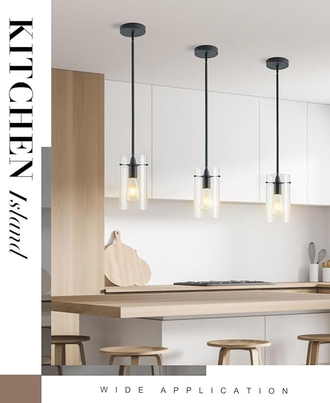 3 Pack Pendant Lights Kitchen Island, Adjustable Hanging Glass Pendant Light Fixtures, Matte Black Pendant Lights Kitchen Island, Modern Kitchen Pendant Lighting Over Island