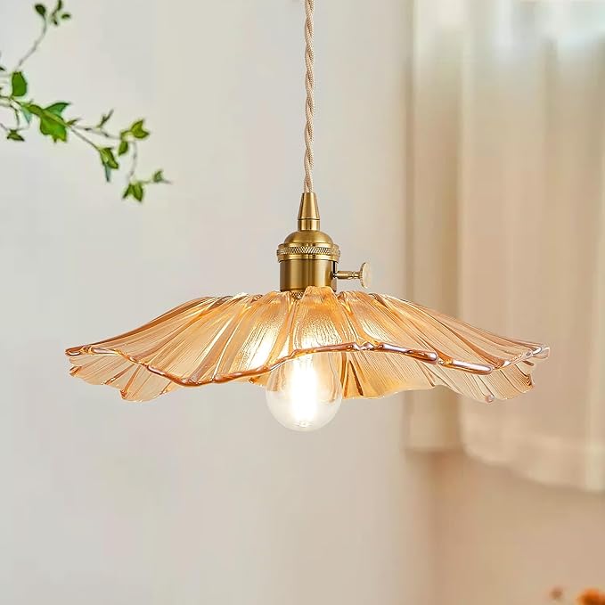 Pendant Light Kitchen Island Amber Glass Hanging Light Fixture Folwer Light Vintage Pendant Lights Modern Lighting for Bedroom Kitchen Hallway Bathroom Brown Sunflower