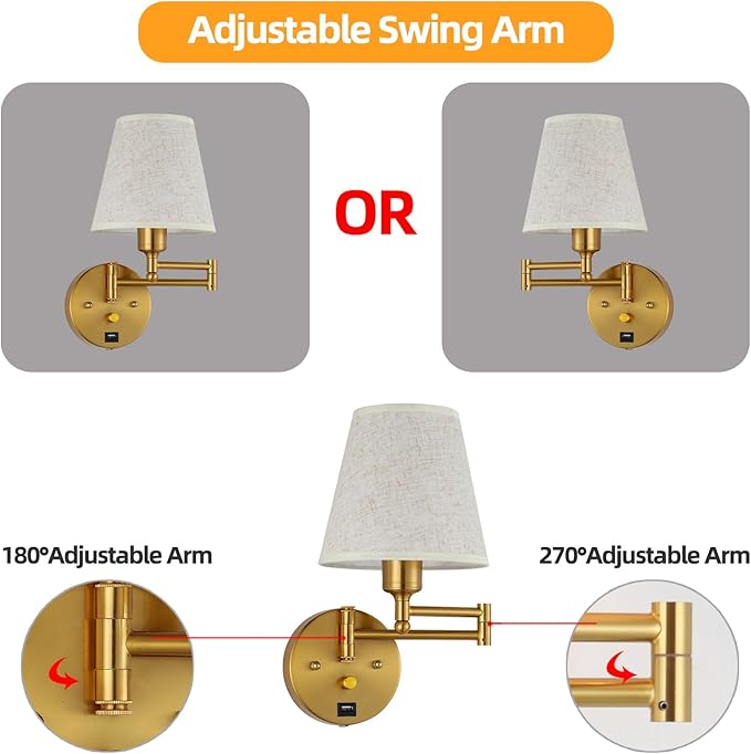 Bedside Wall Mount Light with Dimmable Switch and USB Port, Gold Swing Arm Fabric Shade Wall Sconce Light with Plug in Cord, Wall Lamp Perfect for Bedroom, Living Room and Hotel