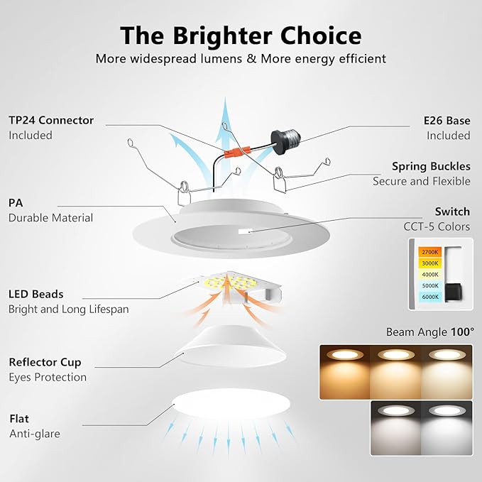 LVWIT 6 Inch LED Recessed Lighting 48 Pack, Slim Can Lights with White Cover, 5CCT Color Selectable, Dimmable Downlight with E26 Conversion Kit