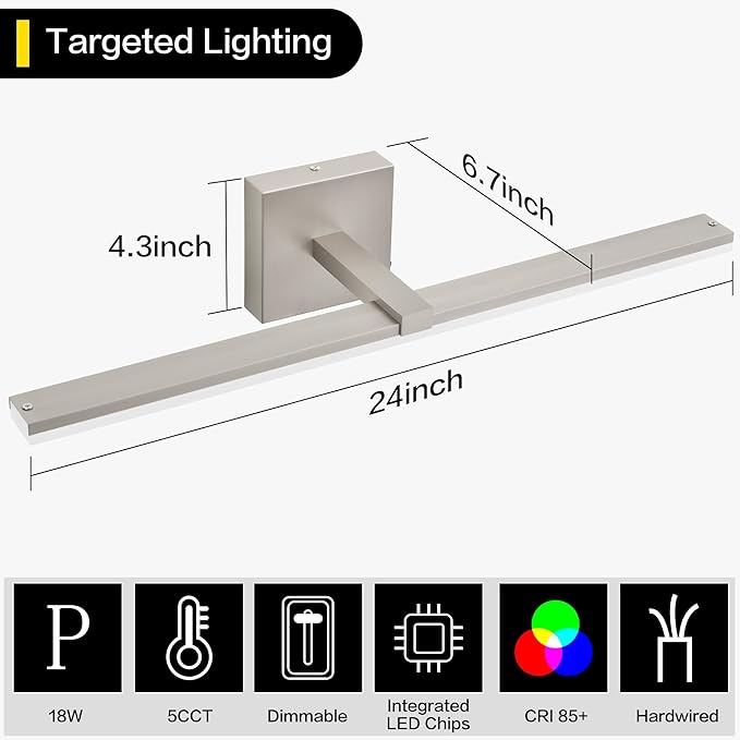 ZUZITO 24 Inch Bathroom Light Fixtures Over Mirror Brushed Nickel Arm Design Wide LED Vanity Bar 5CCT 2900K 6000K 18W 1440lm