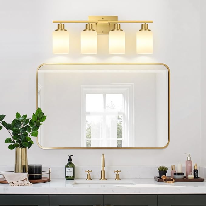 Indoi 4-Light Bathroom Light Fixtures, Brushed Gold Vanity Lights with Milk Glass Shades, Modern Bathroom Wall Lamp for Mirror Living Room Bedroom Porch