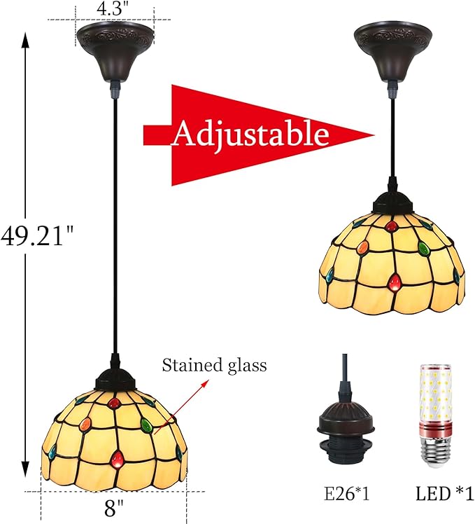 Tiffany Pendant Light Fixtures 8" Wide Stained Glass Hanging Lamp Colored Glass Beads Hanging Lights for Kitchen Dining Room Bedroom