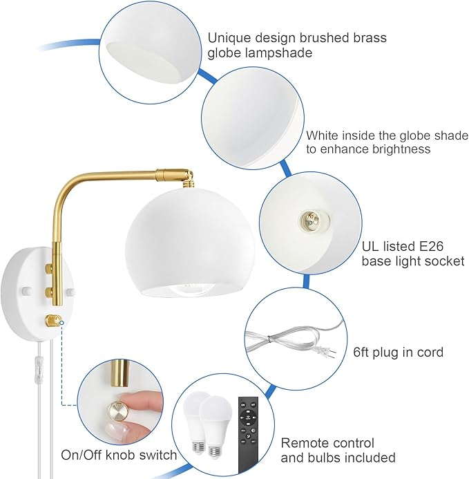 VATONI Wall Sconce with Remote Control, Plug in Wall Sconces Dimming 0-100% and Adjustable Color Temperature 2700K-6000K, Brushed Brass White Globe Swing Arm Wall Lights with Plug in Cord(2 Bulbs)
