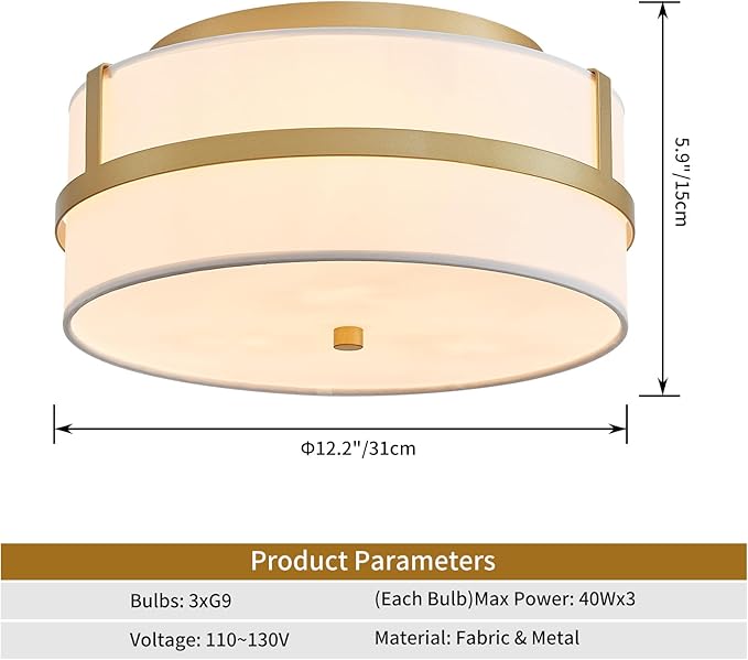 Modern Flushmount Ceiling Light, Chic Style Close to Ceiling Light Fixture for Living Room, Bedroom, Dining Room, Kitchen, D12 x 5.9 in, Drum Shape, White Fabric Lampshade & Gold Finish Frame