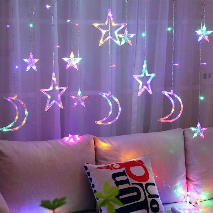 138 Led Curtain String Light Star Moon Icicle Light with 8 Lighting Modes with Timer Remote USB Operated Dimmable Fairy String for Window Wall Home Decoration
