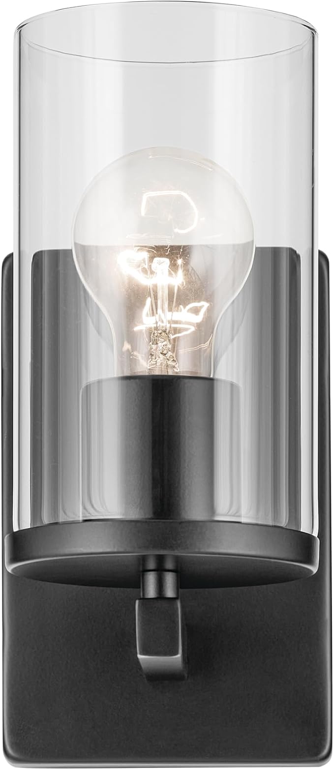 Kichler Crosby 4.5" 1-Light Wall Sconce Bathroom Vanity Light Fixture with Satin Etched Cased Opal Glass in Black for Bathroom, Powder Room, Hallway (4.5" x 9.25"), 45495BKCLR
