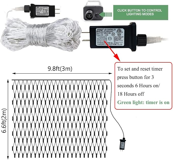 LED Net Lights Mesh Lights Green St. Patrick's Day Decor, 240LED Timer Tree Warp Fairy Lights Outdoor Hanging String Light for Christmas, Garden, Walkway, Bushes Decor-9.8ft x 6.6ft(Green)
