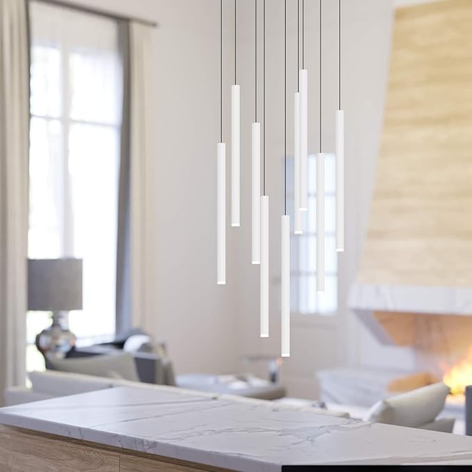 CANALIS 9 Mini Pendant Lighting White - LED Hanging Light Fixture for Kitchen Island, Bar, Foyer - Cluster Pendants - Dimmable, Adjustable Wire, Lamp Bulb Included