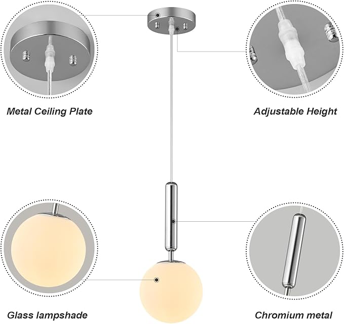 Modern Hanging Light Fixture Pendant Lighting for Kitchen Island Mid Century Chrome Pendant Lights with Globe Milky White Glass Pendant Light for Bedroom Bathroom Entryway (1 Pack)
