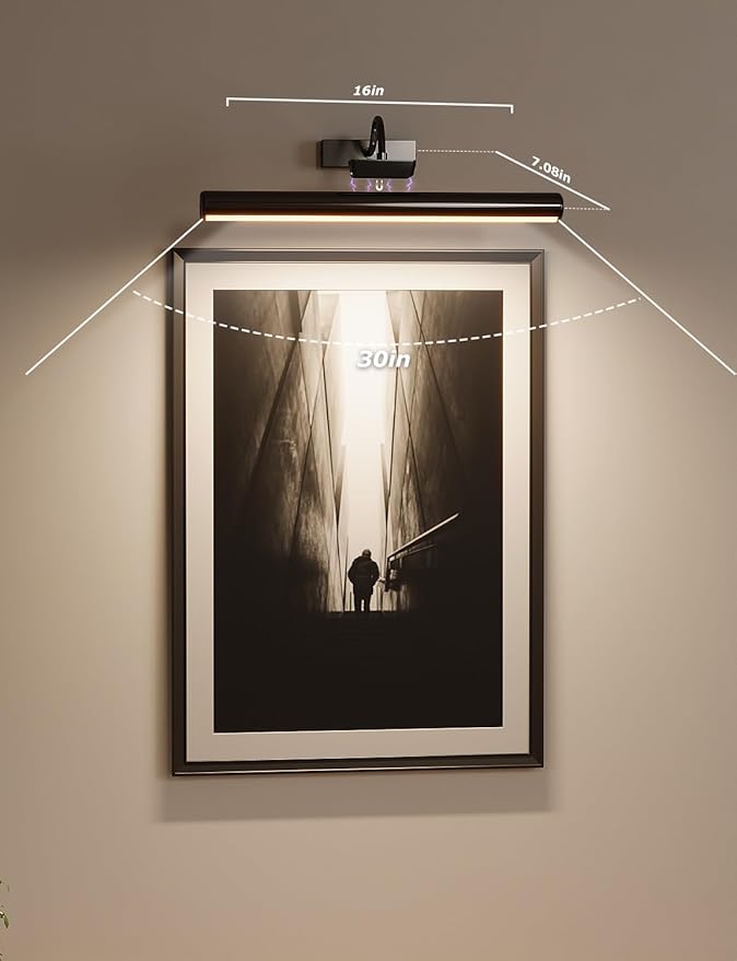 Skairipa Picture Light with Remote, 16in Battery Operated Picture Lights for Wall 5000mAh, 3 Color Modes and Dimmable LED Art Lighting with Timer for Painting, Frame, Gallery (Black-1Pack)