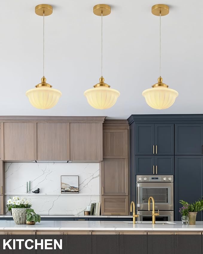 Schoolhouse Milk White Glass Pendant Light,9" Adjustable Hanging Pendant Light, Gold Mid Century Light Fixtures for Bedroom Diningroom Hallway Entryway