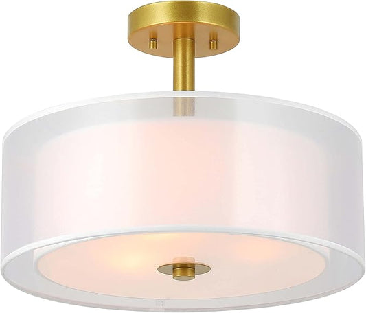 XiNBEi Lighting Drum Semi Flush Mount Ceiling Light, 3 Light Semi Flush Light, 16" Close to Ceiling Light with Fabric Shade Gold Brass Finish for Living Room & Bedroom XB-SF1194-GB