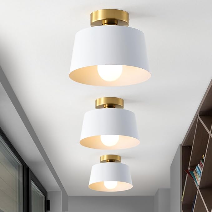 Modern Semi Flush Mount Ceiling Light with Gold Plate and Matte White Shade, Farmhouse Ceiling Light Fixture for Kitchen Island Dining Room Foyer Hallway Porch Barn Loft，10in (White 3 Pack)