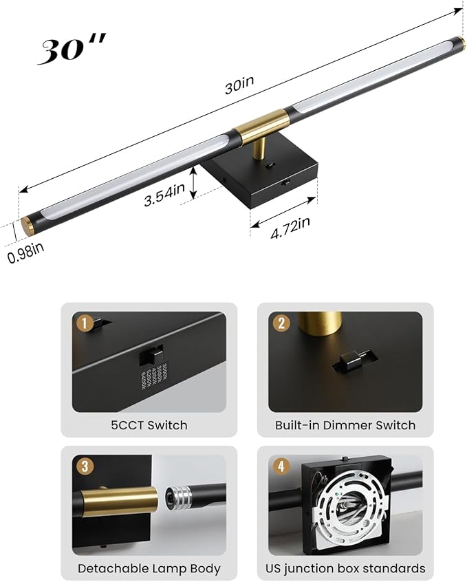 Black Gold Vanity Light Fixtures for Bathroom Over Mirror 30 inch LED Bath Sconces IP44 5CCT Adjustable Morden Picture Lights for Paintings (Built-in Dimmer)