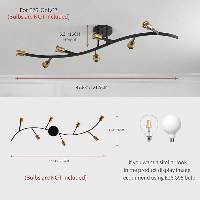 Black and Gold Modern Sputnik Semi Flush Mount Ceiling Light Fixture 7-Lights,Mid Centur Minimalist sputnik Chandelier for Living Room,Dining Room,Bedroom,Kitchen,Hallway(Bulbs Not Included)