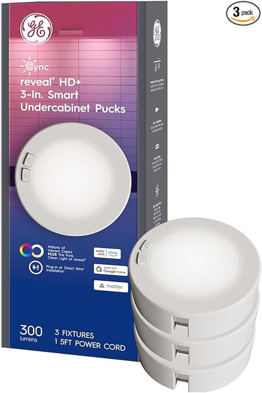 GE Cync Reveal HD+ Smart Undercabinet Puck Light Fixtures, Color Changing Undercab Puck Lights, Smart Wi-Fi Kitchen Lights, Works with Alexa and Google Home, 3-in (3 Pack)