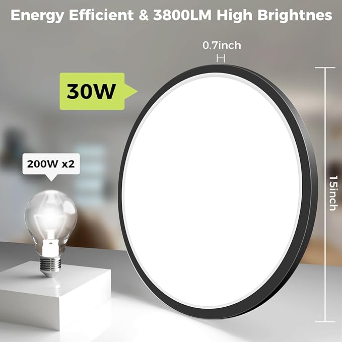 hepside 2Pack LED Flush Mount Ceiling Light Fixture, 15Inch 30W, Dimmable&3000K/3500K/4000K/5000K/6500K Adjustable Low Profile Ceiling Lights, Round Flat Ceiling Light for Kitchen,Hallway-Black