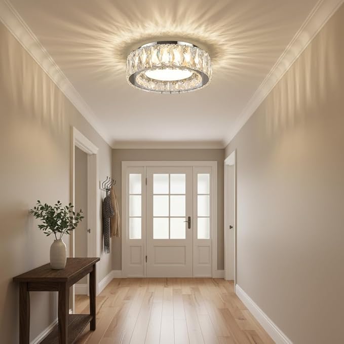 Dimmable Modern Luxury Crystal LED Flush Mount Ceiling Light,11 Inch 24W/5CCT 3000K-6000K Chrome Small Close to Ceiling Lighting Fixtures for Kitchen,Entryway,Laundry Room,Porch,Hallway