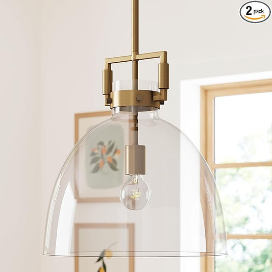 Nathan James Leigh Pendant Lighting, Hanging Ceiling Light with Oversized Glass Shade and Adjustable Cord, for Kitchen Island or Entryway, Vintage Brass/Clear, Set of 2
