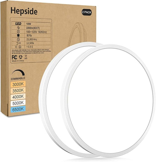 hepside 2Pack LED Flush Mount Ceiling Light Fixture, 9Inch 18W, Dimmable&3000K/3500K/4000K/5000K/6500K Adjustable Low Profile Ceiling Lights, Round Flat Ceiling Light for Closet,Kitchen,Hallway-White