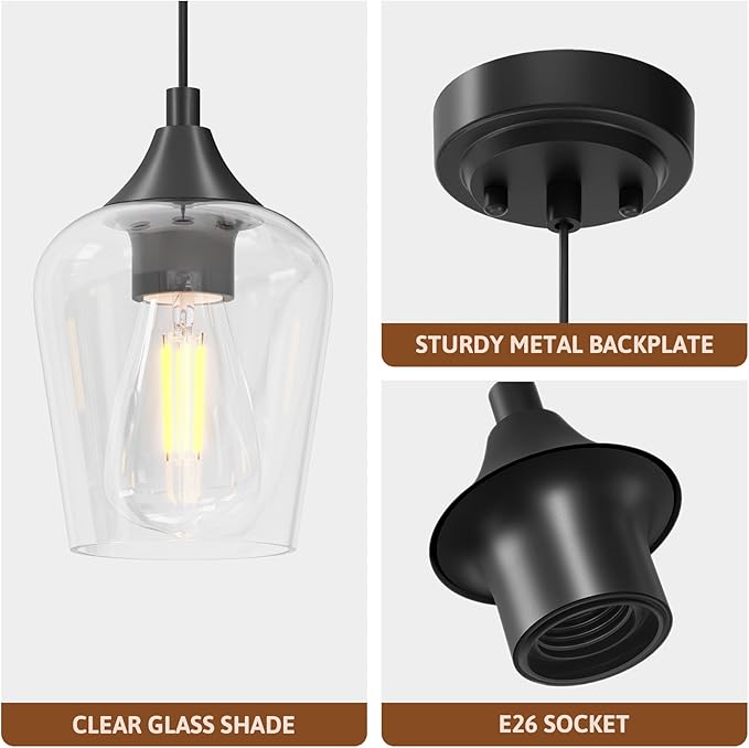 VONLUCE Pendant Lights Kitchen Island, Matte Black Pendant Light Fixtures with E26 Base & Adjustable Cable, Modern Pendant Lighting with Glass Shade for Living Room Bedroom Hallway, 2 Packs