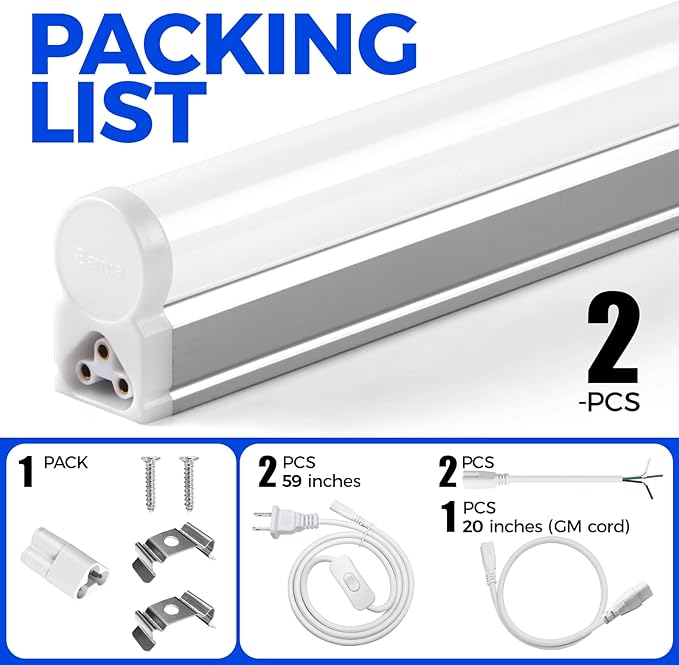 Barrina T5 LED Shop Light 4FT, 2200LM, 20W, 5000K (Daylight White), Utility Garage Lighting, Linkable Ceiling and Under Cabinet Light, Corded Electric with Built-in ON/Off Switch, 2 Packs