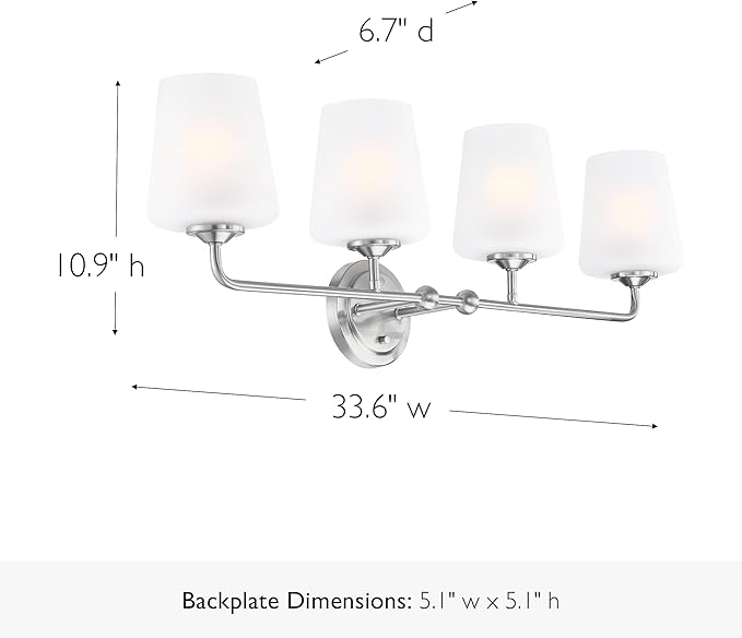 Design House Stasia Vanity Light, 4-Light, Sleek Modern Arms, Frosted Glass Glow, Dimmable, Dual-Mount Option, E26 Socket, Satin Nickel, 33.6 in L x 6.7 in W x 10.9 in H, 589309