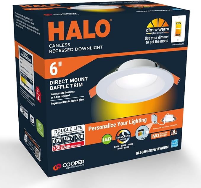 HALO RL 6 in Canless LED Recessed Ceiling Light with Selectable Color Temperature 2700K-5000K Selectable Lumen 900/1200 for Indoor Outdoor Wet Locations Dimmable IC Rated- RL6LS9FSD2W1EWHDM