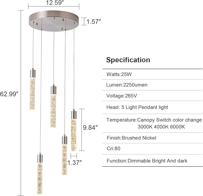 Pendant Lights Kitchen Island,Canopy Switch to dimmable 3000-4000-6000K Colors Pendant Lighting Brushed Nickel. Star Bubble Crystal Island Pendant Lighting