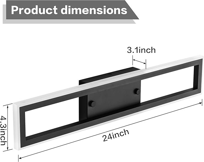 ZUZITO Black Bathroom Light Fixtures - 24 Inch Modern Vanity Lights for Bathroom - Dimmable LED Vanity Light Bar 6000K