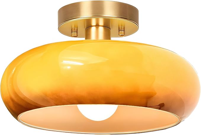 Semi Flush Mount Ceiling Light,11inch Mid Century Modern Light Fixture,Hallway Lighting Fixture with Burnt Orange Glass Shade,Vintage Ceiling Lamp for Kitchen,Porch,Entryway,Closet,Bedroom