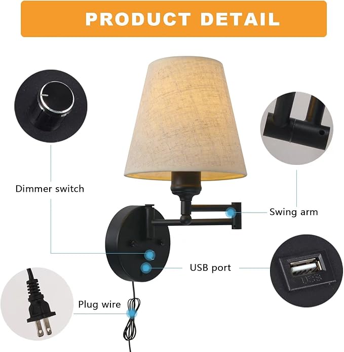 Bedside Wall Mount Light with Dimmable Switch and USB Port, Black Wall Sconce Light with Swing Arm and Plug in Cord, Fabric Shade Wall Lamp Perfect for Bedroom, Living Room and Hotel