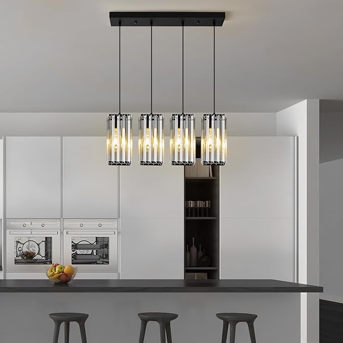 Modern Pendant Light Black Rectangle Pendant Lighting Mini Crystal Chandeliers Adjustable Pendant Light Fixture for Kitchen Island Dinning Room Living Room Corridor Bedroom(Black 4-Light)