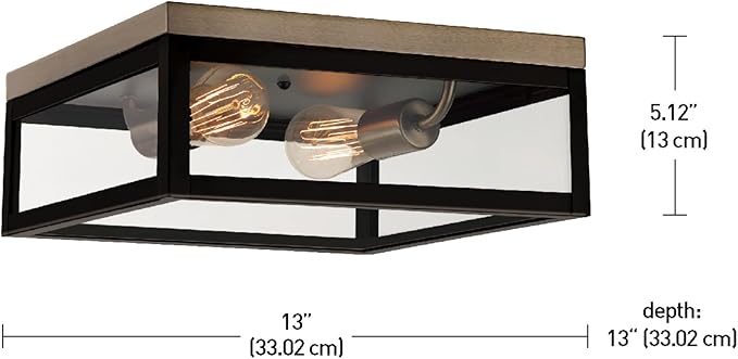 Globe Electric 65919 Verona 2-Light Flush Mount, Dark Bronze, Antique Brass Accents, 5 Clear Glass Panes, Bulb Not Included