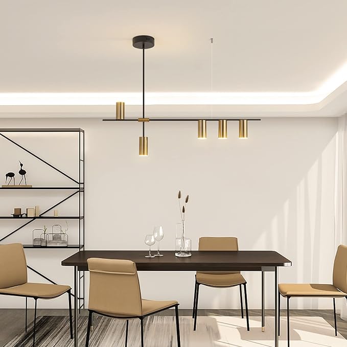 Siittoo Modern Kitchen Island Light with Remote, Dimmable LED Linear Pendant Light, 39.3" Black Gold Dining Room Light Fixture Over Table (30W, 5-Light)