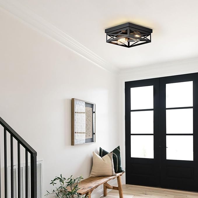 LVWIT 9.8 Inch Flush Mount Ceiling Light Fixtures, 2-Light Black Light Fixtures Ceiling Mount, Square Hallway Light for Kitchen Entryway Hall (E26 Base, Bulbs Not Included)