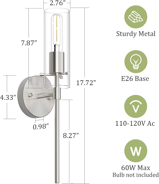 Wall Sconce Set of 2 Brushed Nickel Wall Light, Bathroom Vanity Light Fixture Modern Indoor Wall Light with Clear Glass Shade for Bathroom Bedroom Living Room Hallway Vanity
