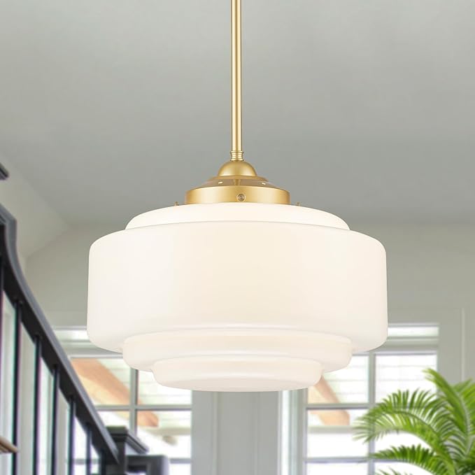 Milk Glass Pendant Light 14” Mid Century Modern Pendant Lighting Fixture With Gold Metal Vintage Schoolhouse Chandelier For Dining Room Kitchen Island Living Room Bedroom, Adjustable Height (E26)