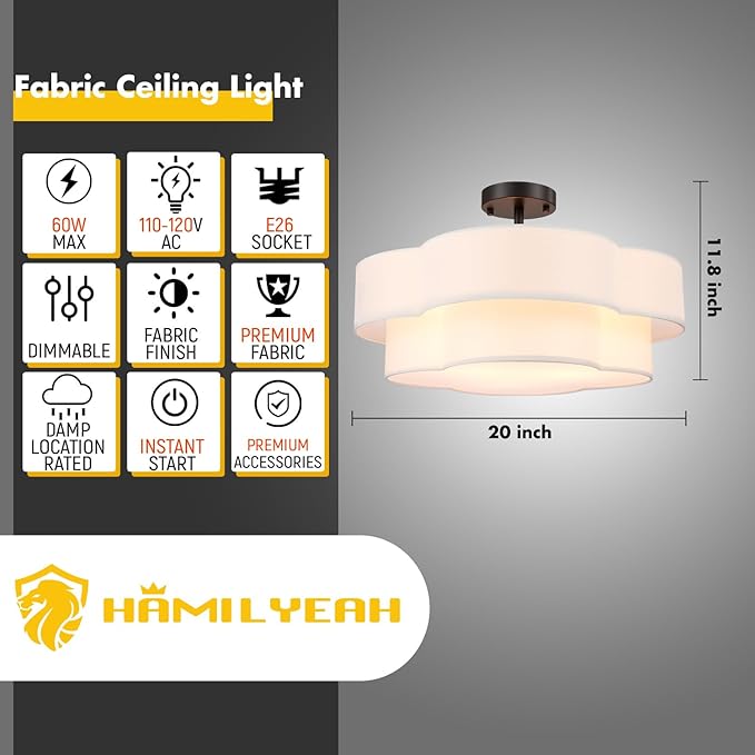 Hamilyeah 20 inch Ceiling Light Fixture with Fabric Shade, Scalloped Flush Mount Ceiling Light Flower Shaped, Drum Light Fixture Ceiling Mount for Living Room, Bedroom, Nursery, Kitchen