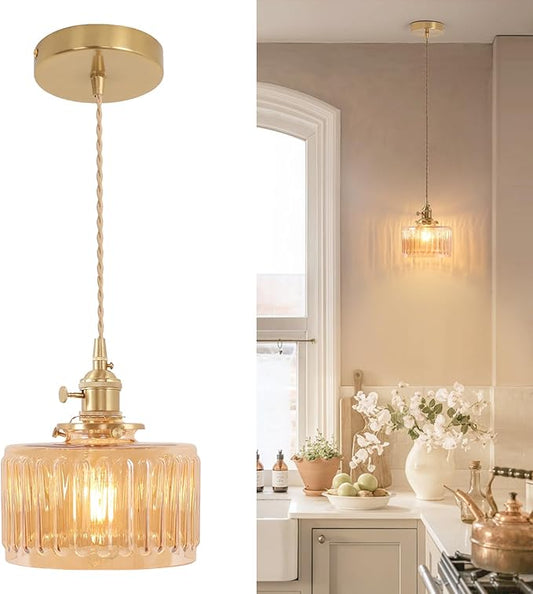 Shenmoyl Pendant Light with Amber Striped Glass Lmapshade, Brass Vintage Pendant Light Adjustable Hanging Light for Kitchen Island Dining Room Hallway