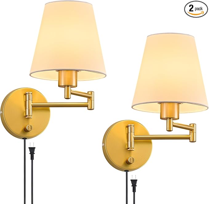 VONLUCE Wall Sconce Set of 2, Plug in & Hardwired Swing Arm Wall Lamps, Adjustable Wall Mounted Lighting Fixtures, Modern Wall Lights with Golden Base White Fabric Shade for Bedside, Hallway, Study