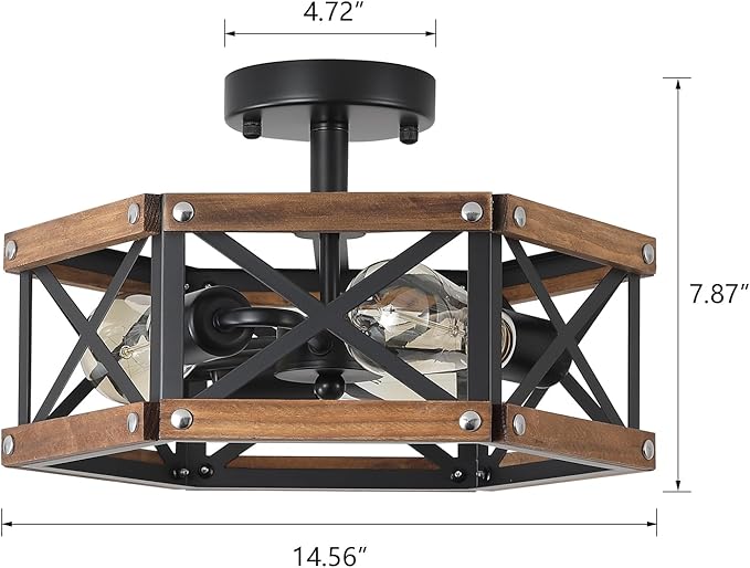 3-Light Rustic Farmhouse Wood Flush Mount Ceiling Light Fixture 14.5 inch Oak Wood and Metal Hexagon Cage Semi Flush Mount Ceiling Light for Hallway Hall Entry Bedroom Kitchen Farmhouse, Black