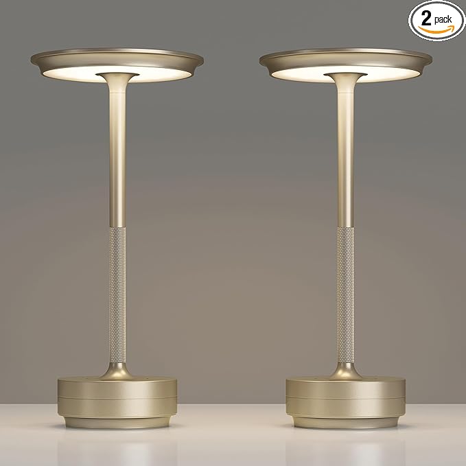 TBBGA 2 Pack Rechargeable Cordless Table Lamps, Portable 5000mAh Outdoor Table Light, 3 Color Stepless Dimming LED Table Lamp with Memory Function, for Home/Dinner/Patio/Restaurant.(Champagne Gold)