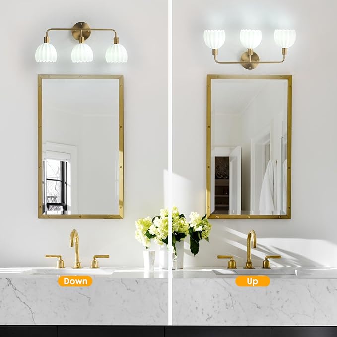 Brushed Gold 3-Light Vanlity Light Over Mirror,Wall Sconces,Gold Brass Bathroom Light Fixture with White Glass Flower Shade,E26 Socket(Bulbs Not Included)