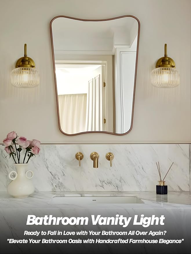 Gold Wall Sconces,Vintage Bathroom Vanity Light with Hand-Blowing Clear Glass Minimalist Hardwire Brass Wall Mounted Lamp for Bathroom Mirror Living Room Bedroom Kitchen E26 Indoor